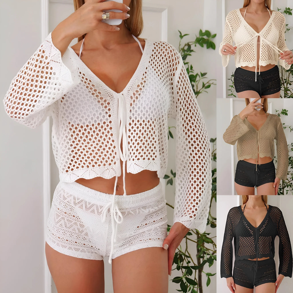 Short apricot women's cardigan blouse with bell sleeves made from hollow woven imitation cotton fabric.