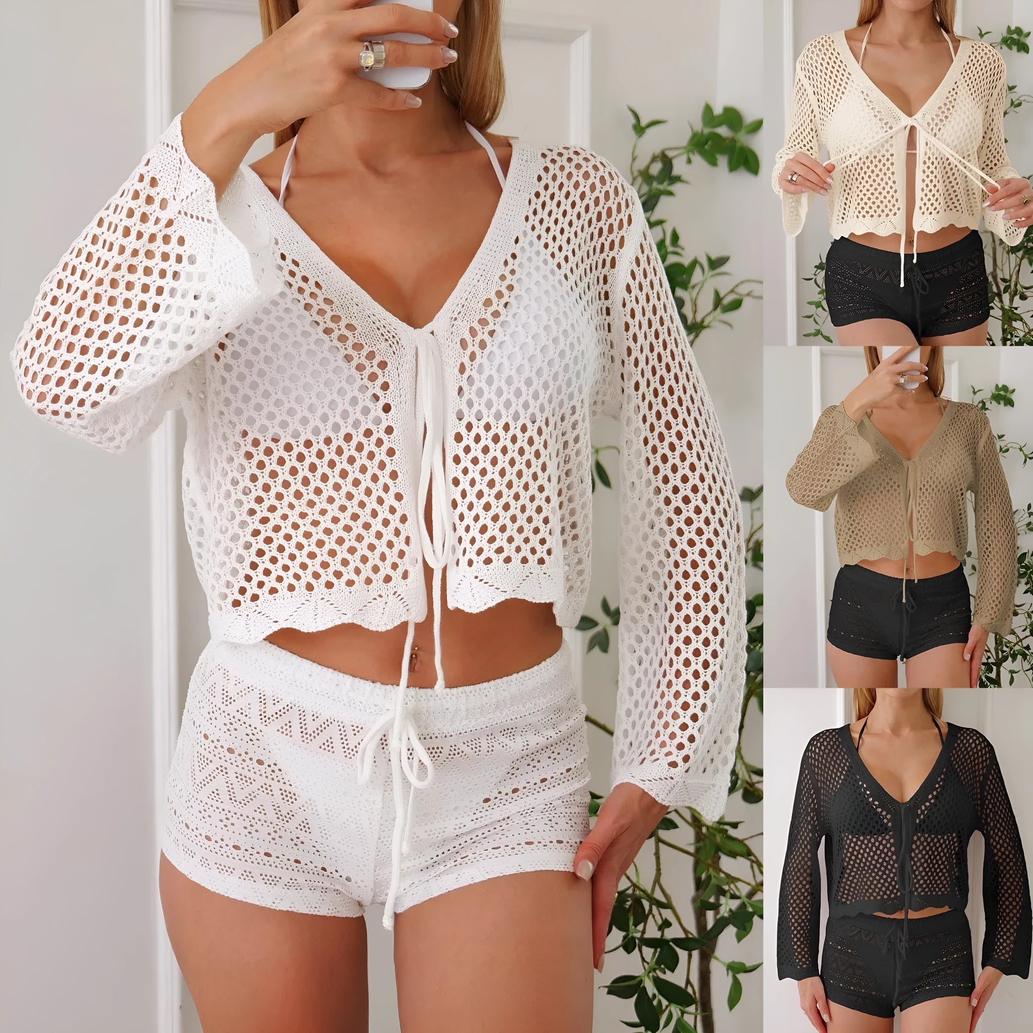 Short apricot women's cardigan blouse with bell sleeves made from hollow woven imitation cotton fabric.