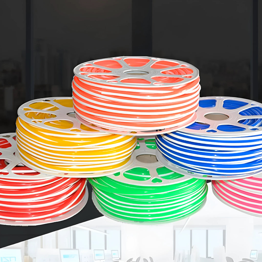 Split silicone neon light band roll showing flexible 8mm width and nine colour options