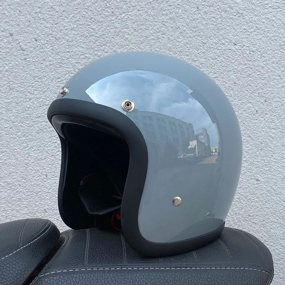 FRP retro half motorcycle helmet shown in various colours for electric bike commuting