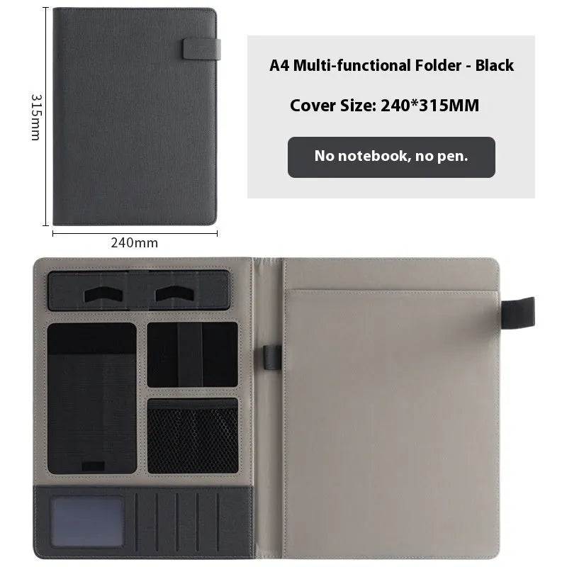 Black leather A4 business folder with 35mm gusset showing pen loop and notepad configuration