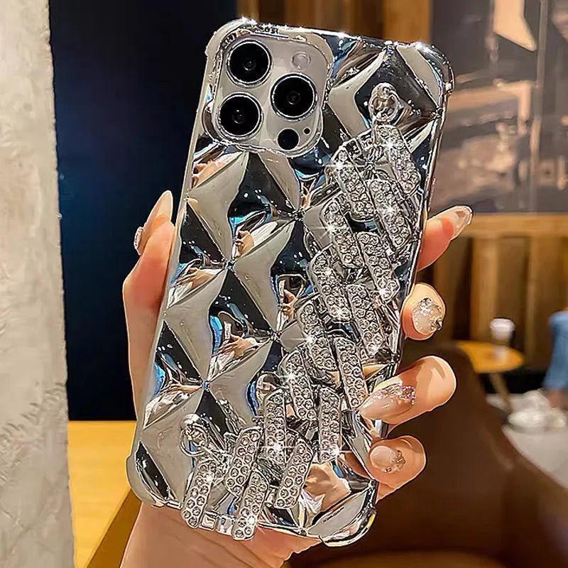 Silver diamond bracelet phone case for iPhone with chain and rhinestone lock on a TPU back.