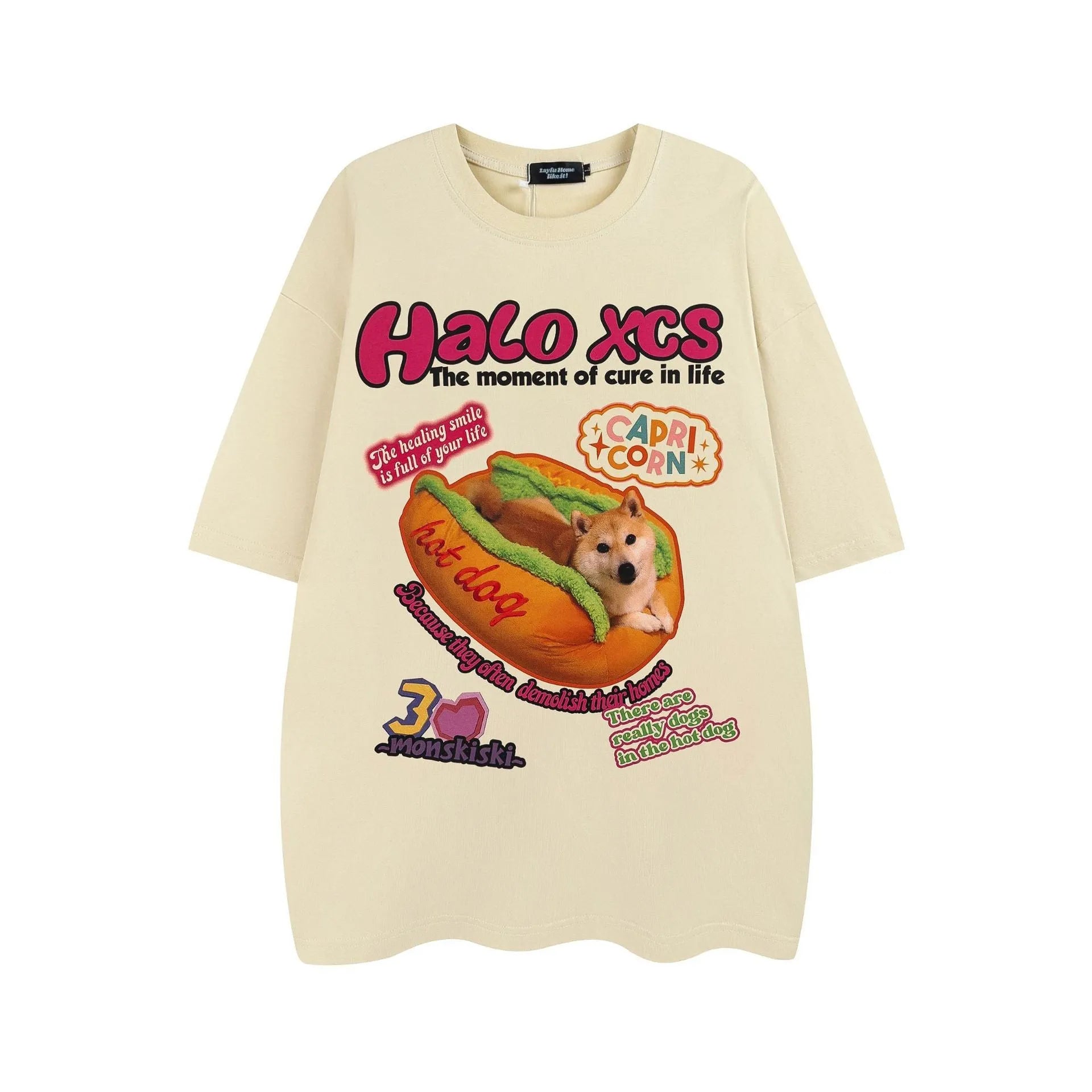 Cartoon hamburger dog printed loose-fit cotton t-shirt in apricot on a model.