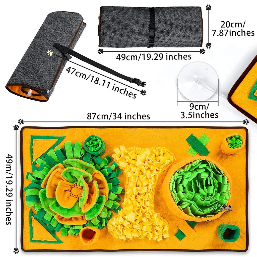 Large green plush snuffle mat for dogs to sniff treats from folds during interactive feeding