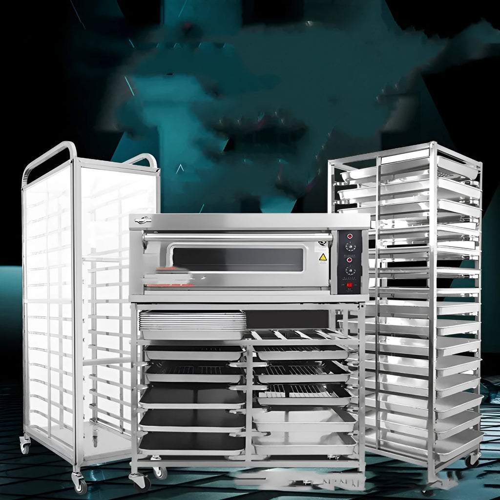 Stainless steel six-layer baking tray rack with lock mechanism for commercial kitchens