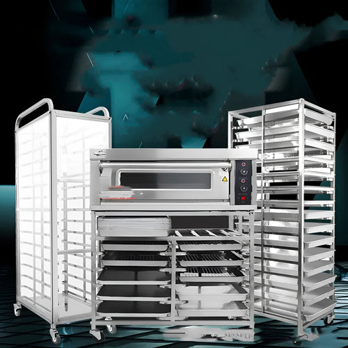 Stainless steel six-layer baking tray rack with lock mechanism for commercial kitchens
