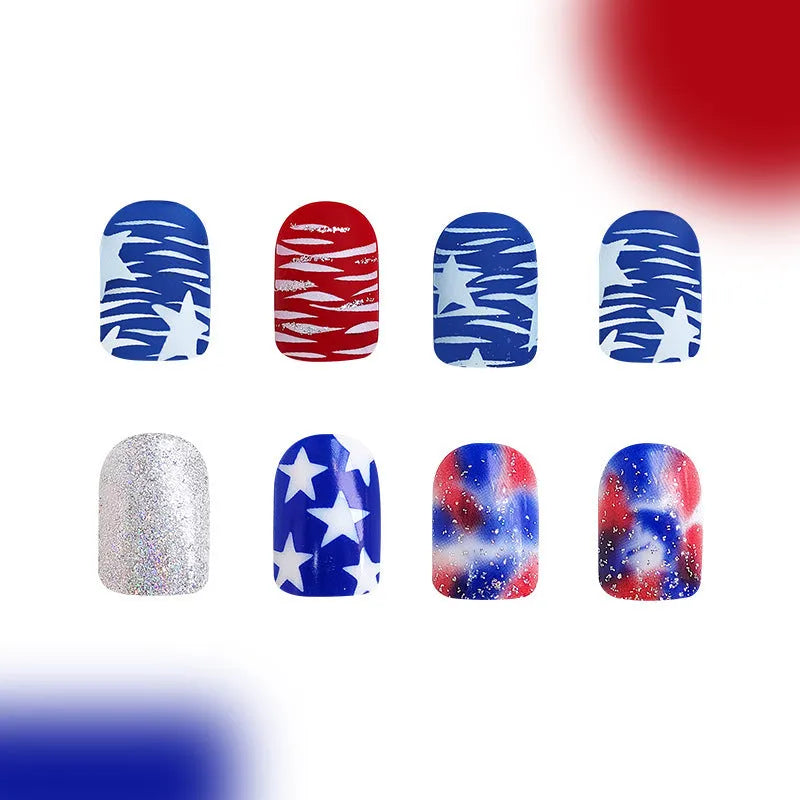 Finished glitter nail tips with red and blue multicolor combinations in European square short style
