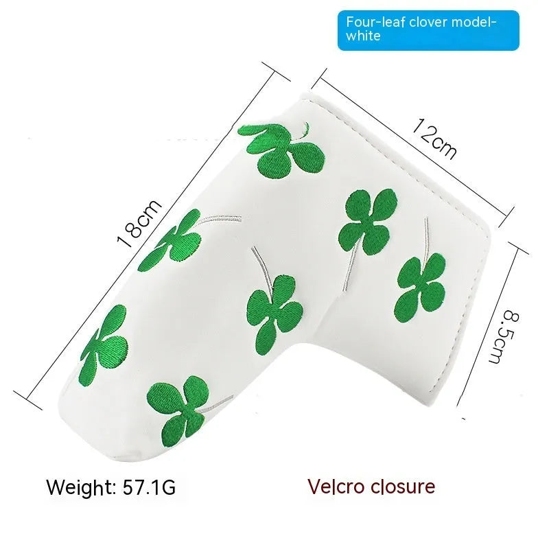 Golf straight bar putter sleeve in various designs including four-leaf clover, smiley face, and animal styles.