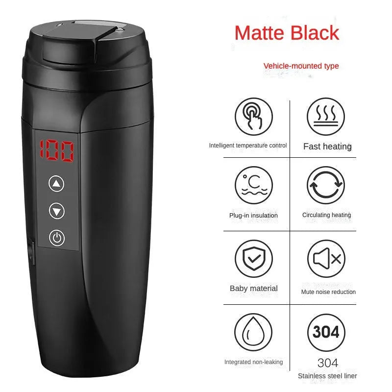 Insulated electric cup water heater for automobiles, 304 stainless steel inner, black, 210x72mm, with converter box