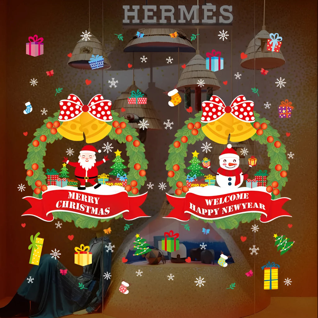 Two large 60x45cm colourful Christmas wall stickers with cartoon designs for electrostatic window application.