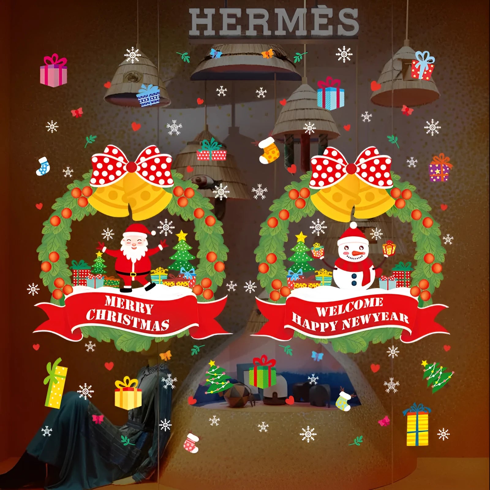 Two large 60x45cm colourful Christmas wall stickers with cartoon designs for electrostatic window application.