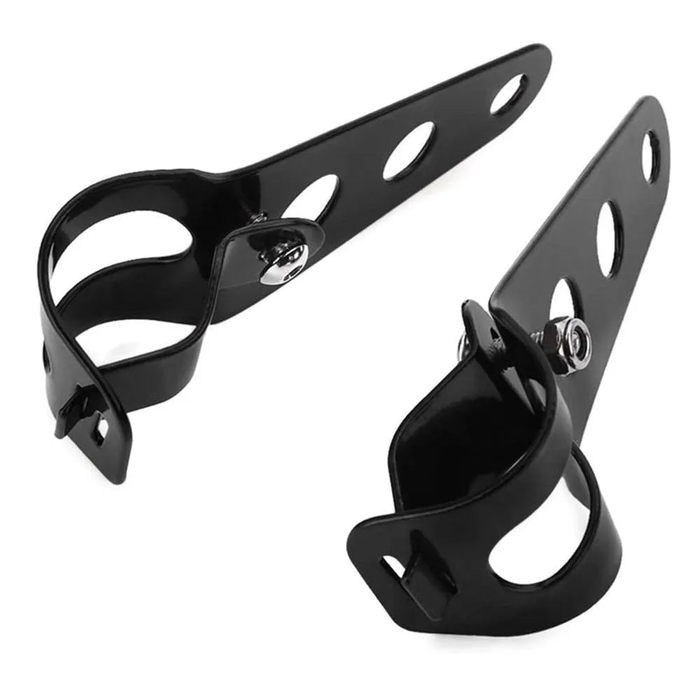 Pair of black iron motorcycle headlamp support brackets for retro modified headlight