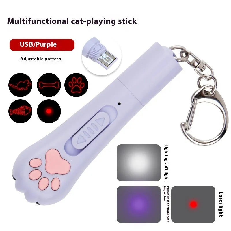 Rechargeable infrared cat teasing stick with laser patterns, shown in blue colour with cat footprints design.