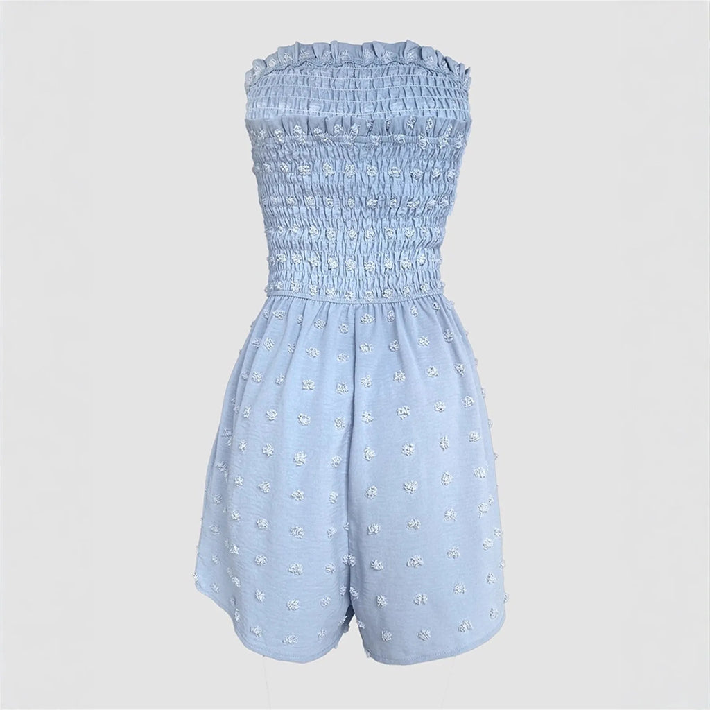 Women's solid colour off-shoulder sleeveless jumpsuit in polyester fabric on a hanger.