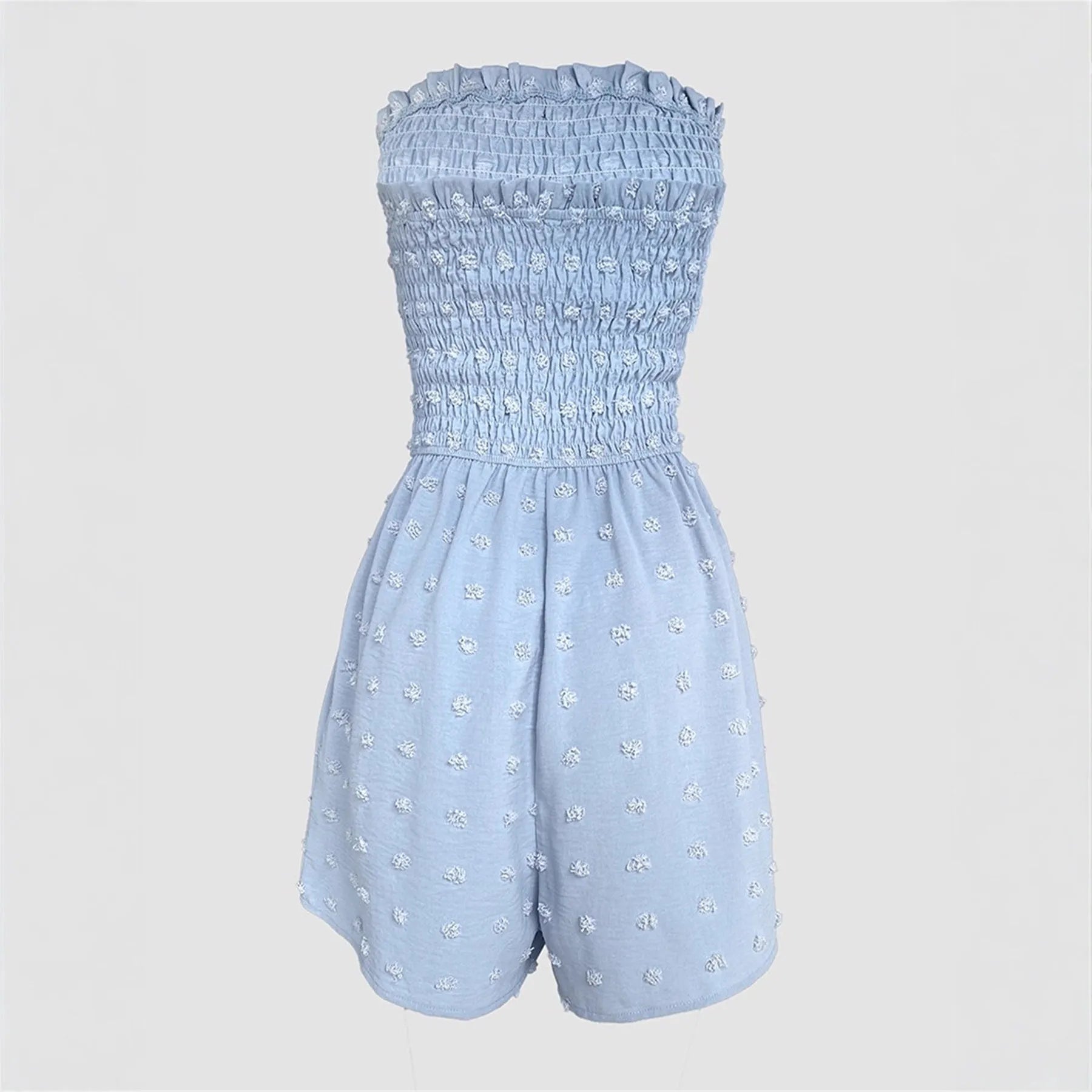 Women's solid colour off-shoulder sleeveless jumpsuit in polyester fabric on a hanger.