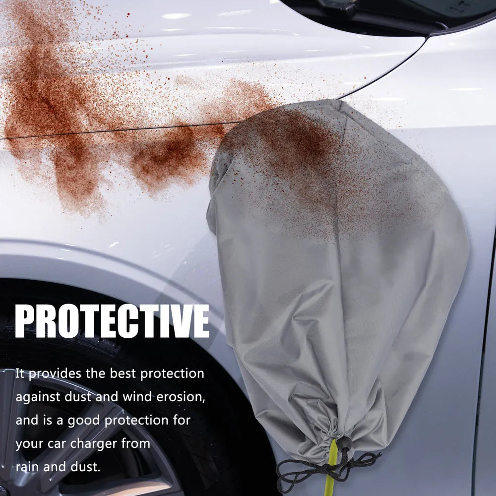 Grey waterproof cover for electric vehicle charging point with drawstring closure