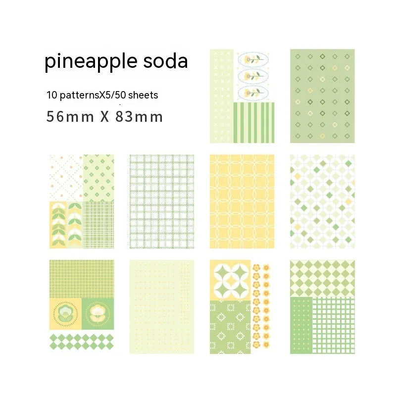 Dessert Supply Series retro collage note paper set showing ten different pastel colours on 56x83mm sheets