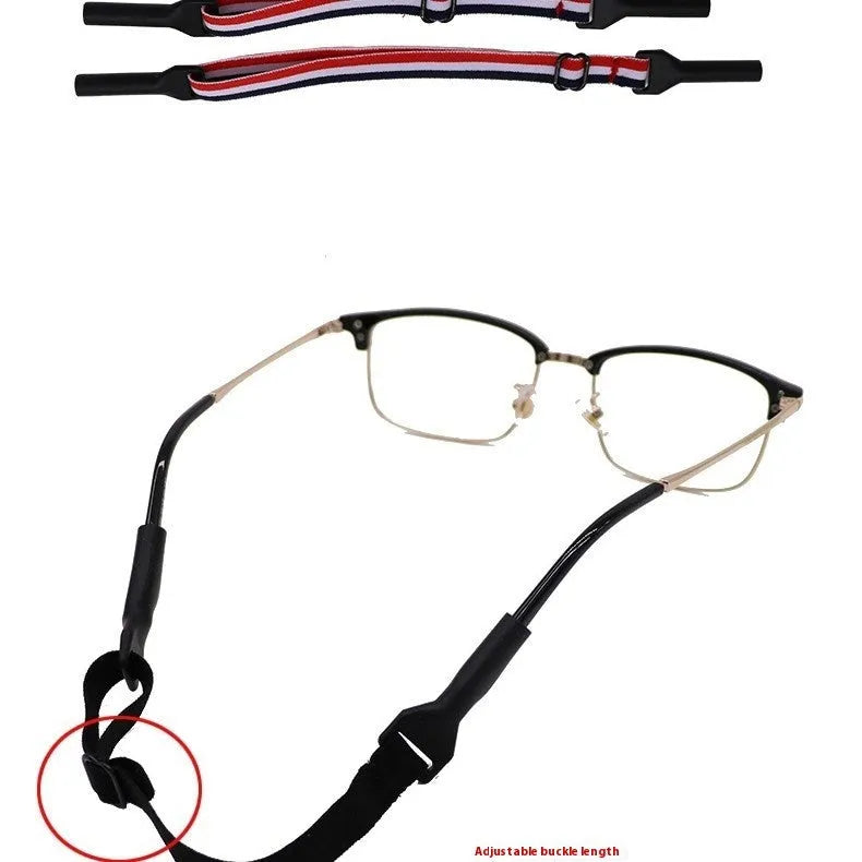 Black adjustable glasses anti-slip cord with silicone end hooks for earpieces.