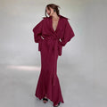 Women's simple casual hip skirt set in red plaid polyester with shirt-sleeve top and matching dress, autumn retro style