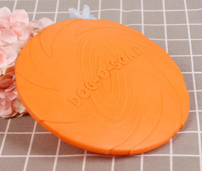 Dog training set with plastic frisbee and bite ring in orange and green colours on grass