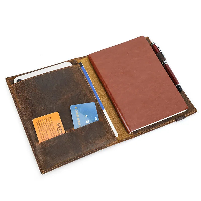 Brown Crazy Horse leather A5 notebook protective sleeve with square socket closure