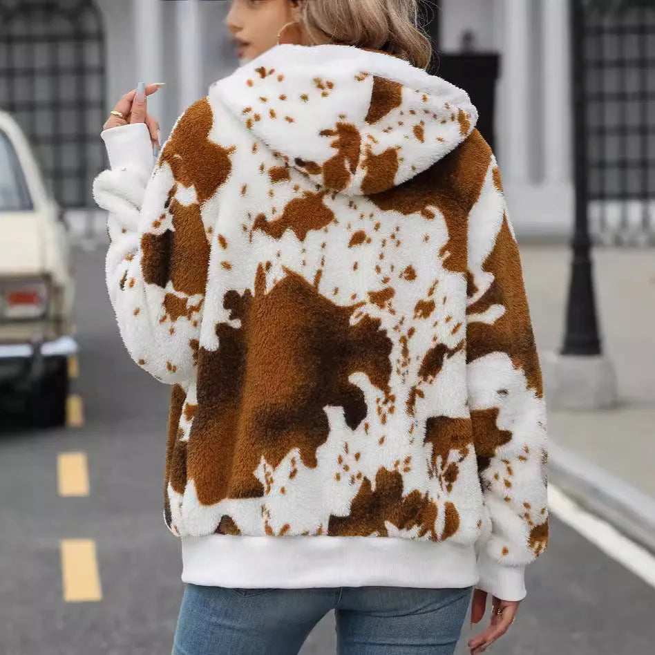 Yellow brown cow print hooded cardigan jacket with zipper front closure