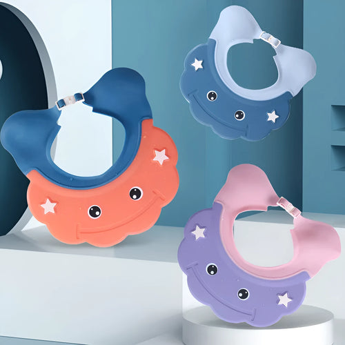 Adjustable plastic baby shower cap protector in blue colour for hair washing