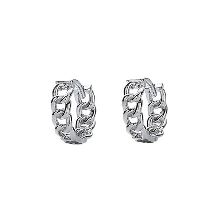 Men's geometric copper hip hop earrings in silver finish, showing 10mm and 14mm size options.