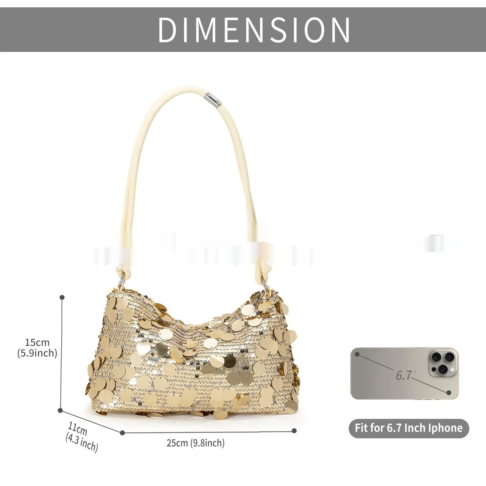 Women's soft polyester crossbody shoulder bag in metallic colour showing 25cm width and single strap design