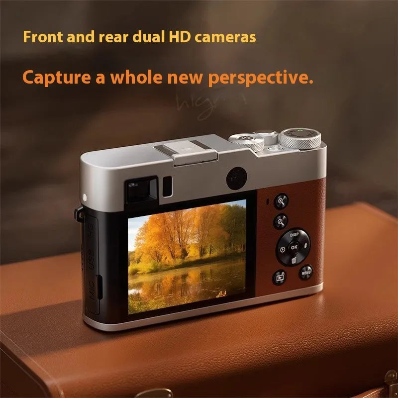 Black and brown 5K digital camera with dual lenses, optical viewfinder, and 2.88-inch screen