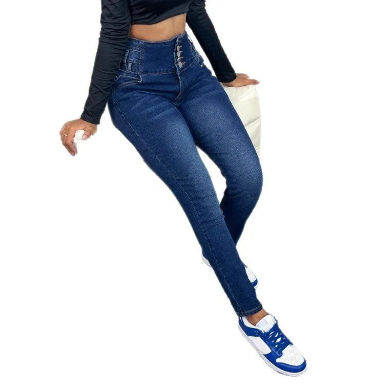 Women's dark blue breasted straight-leg denim trousers with zipper closure and button detailing