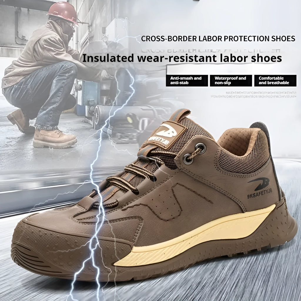 Flyknit safety work shoes with leather upper and rubber sole in multiple colour options