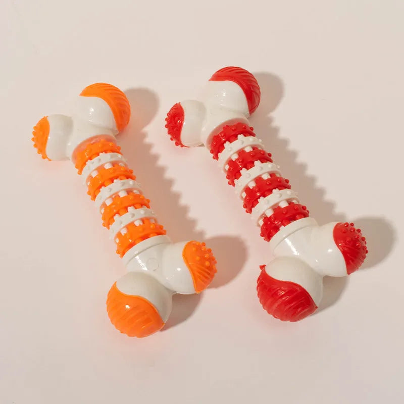 Blue bone-shaped interactive dog toy for small breeds with chewable ends and a treat holder in the centre.