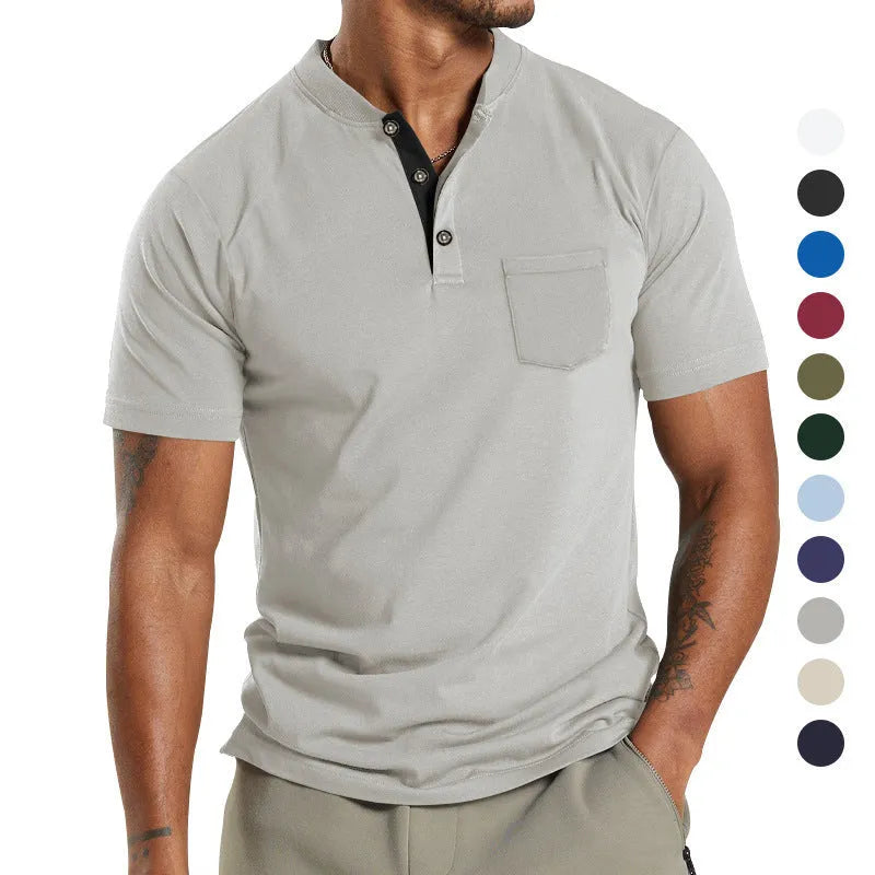 Plus size man modelling a solid colour short sleeve polyester shirt with a buttoned chest pocket.