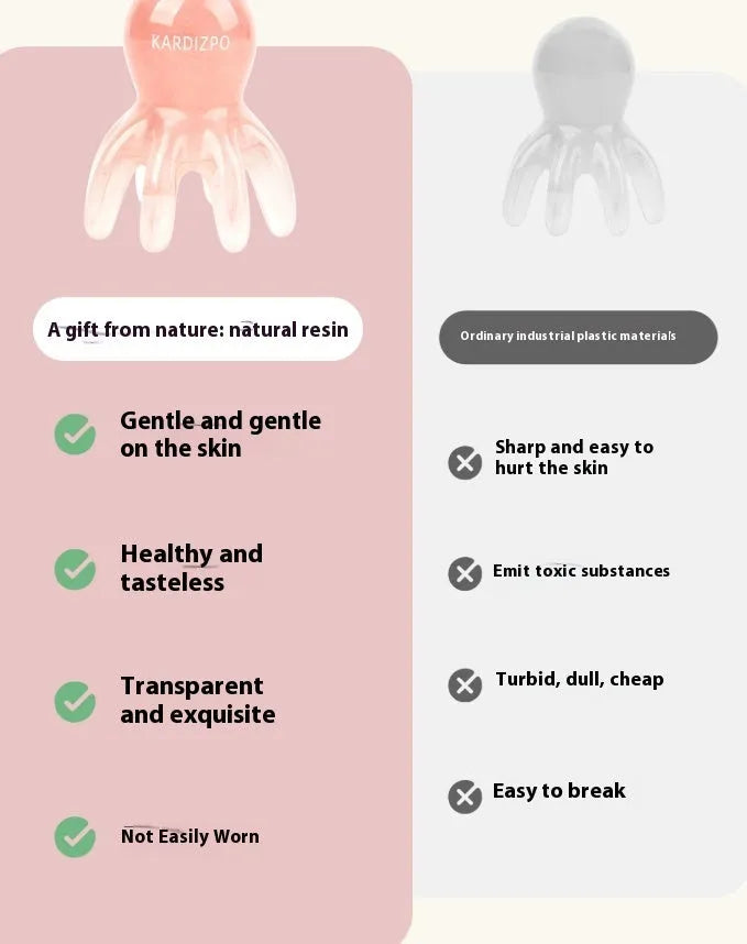 Small pink octopus-shaped periocular massage comb made from natural resin with storage bag