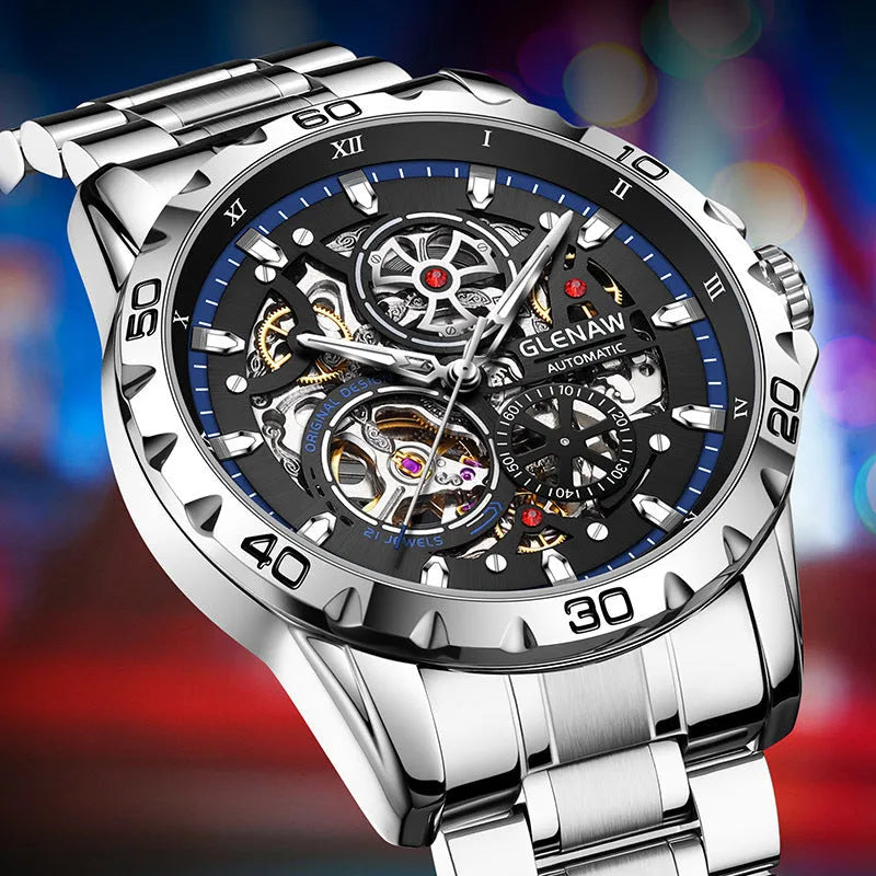 Men's automatic mechanical watch with hollow-out dial showing movement and luminous hands on stainless steel band