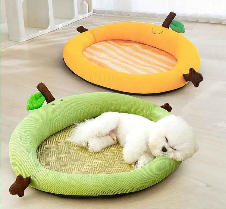 Green pet cooling mat nest with fruit-shaped backrest for dogs and cats, size L 65x50cm.