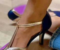 Women's round toe high heels in three colour options with button fastening, available in large sizes
