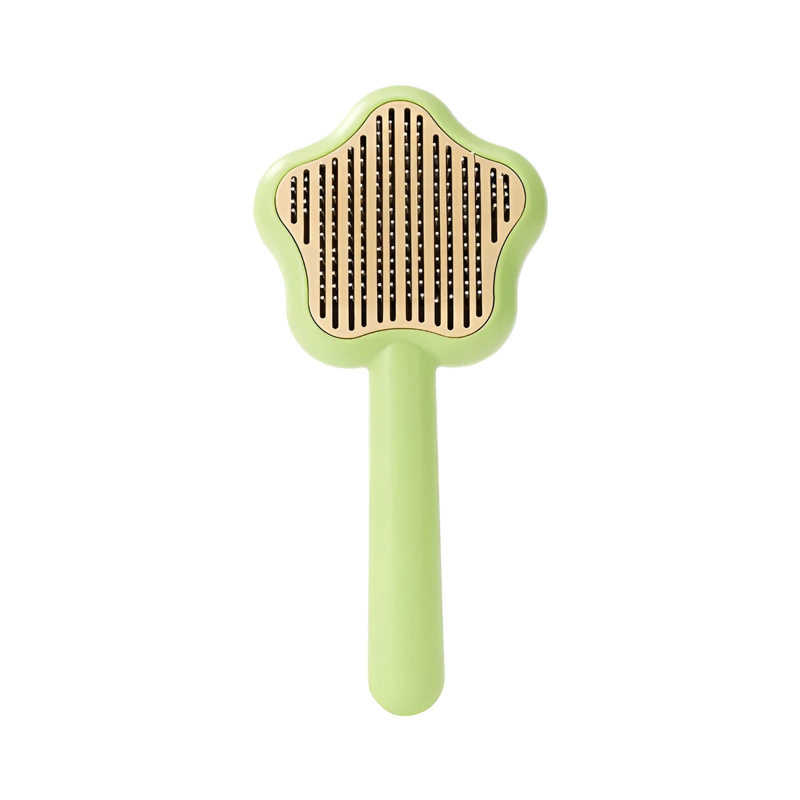 Green self-cleaning cat comb with stainless steel needles measuring 20 cm long
