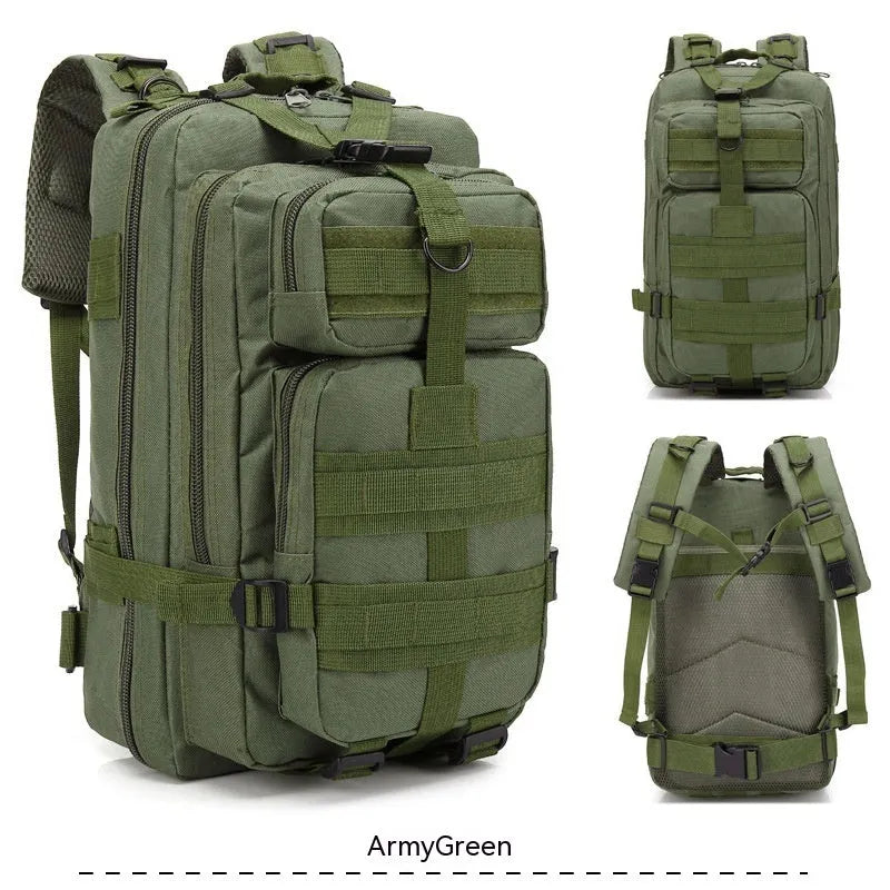 Large khaki Oxford cloth hiking backpack with air pillow belt system, shown for mountaineering use.