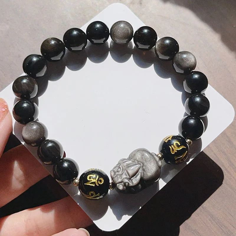 Natural Silver Stone bracelet for men with beaded design, Chinese-style zodiac elements, and proverb inscription