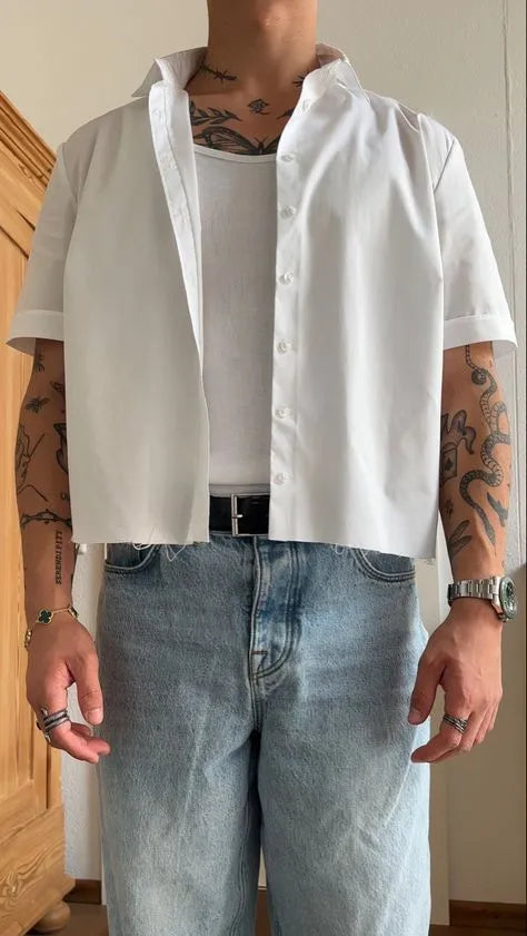 White men's cropped short sleeve shirt plain design regular fit
