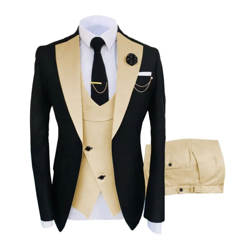 Men's slim fit three-piece business suit in cotton fabric with coat, vest and trousers