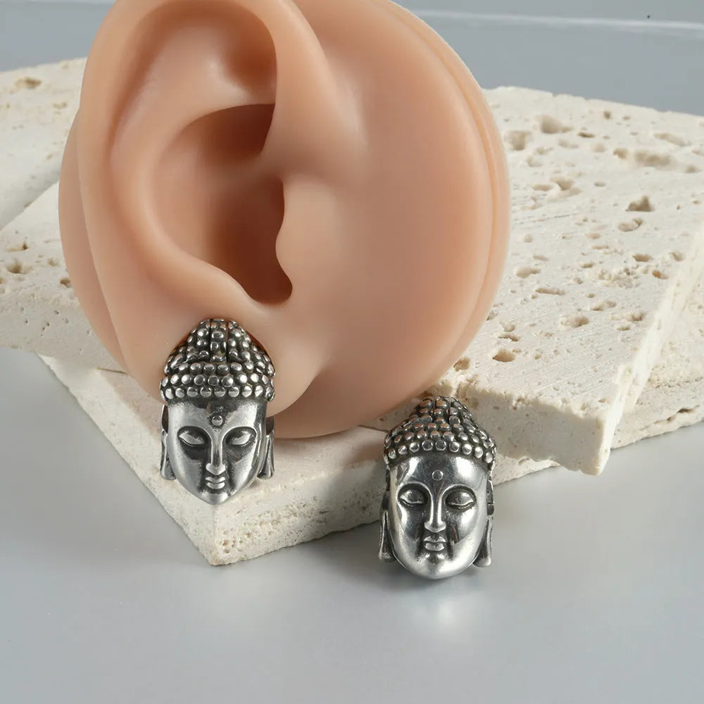 Stainless steel hollow skull Buddha earrings with electroplated finish in four colour variations