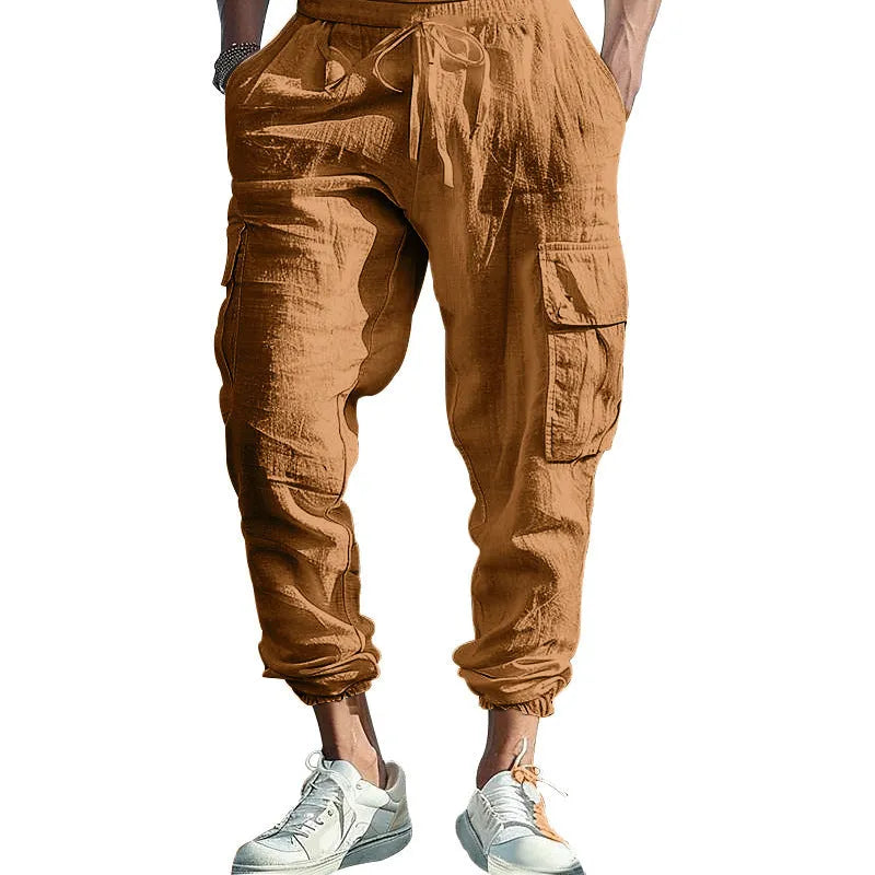 Men's linen casual trousers with ankle-tied legs and multi-pockets in Army Green colour