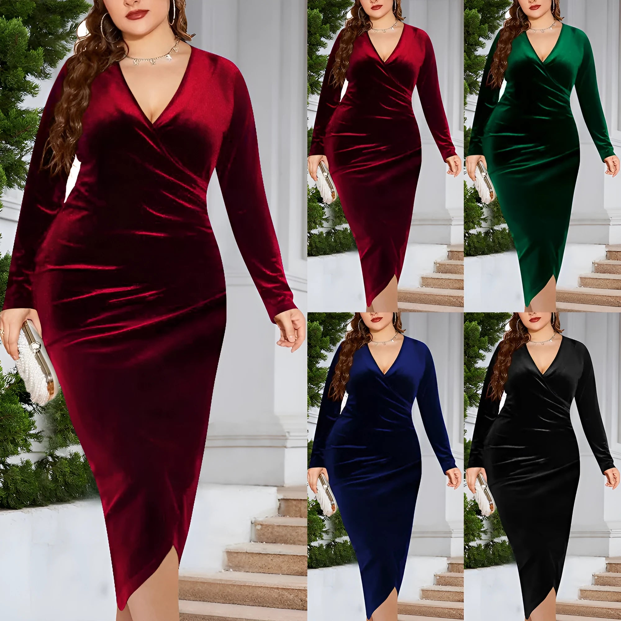 Women's red V-neck long sleeve dress on a hanger, showing classic silhouette.