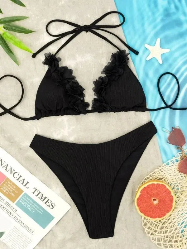 Black women's two-piece swim set with gathered Han-style top and matching shorts