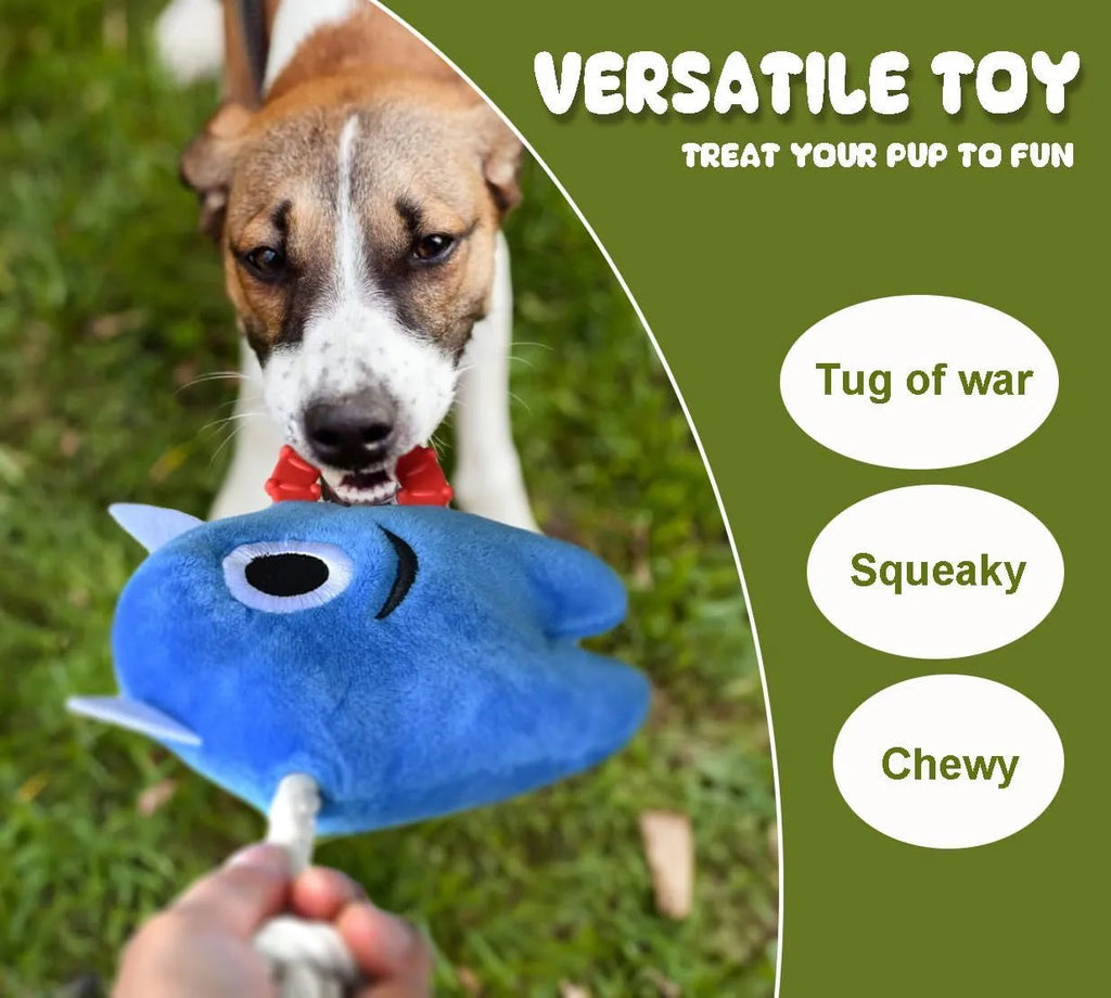 Blue and green dog chew toy with plush body and rope sections