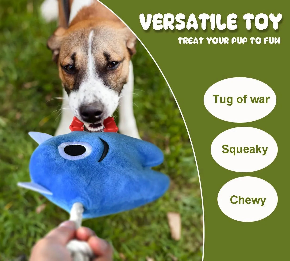 Blue and green dog chew toy with plush body and rope sections