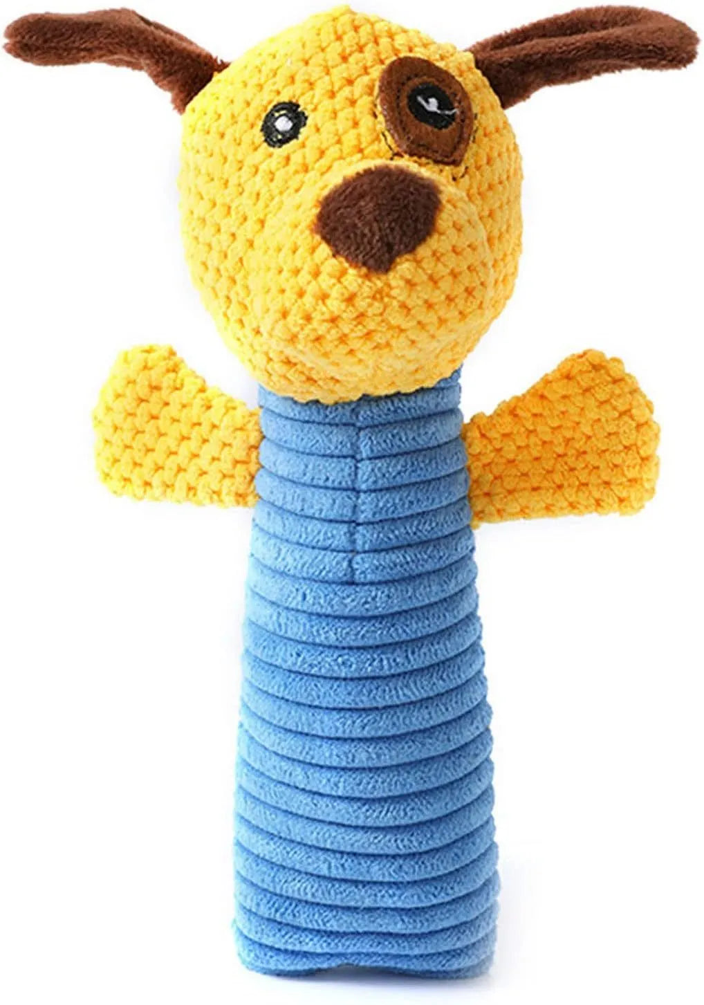 Squeaky stuffed animal dog chew toy measuring 19cm by 5cm for dental cleaning